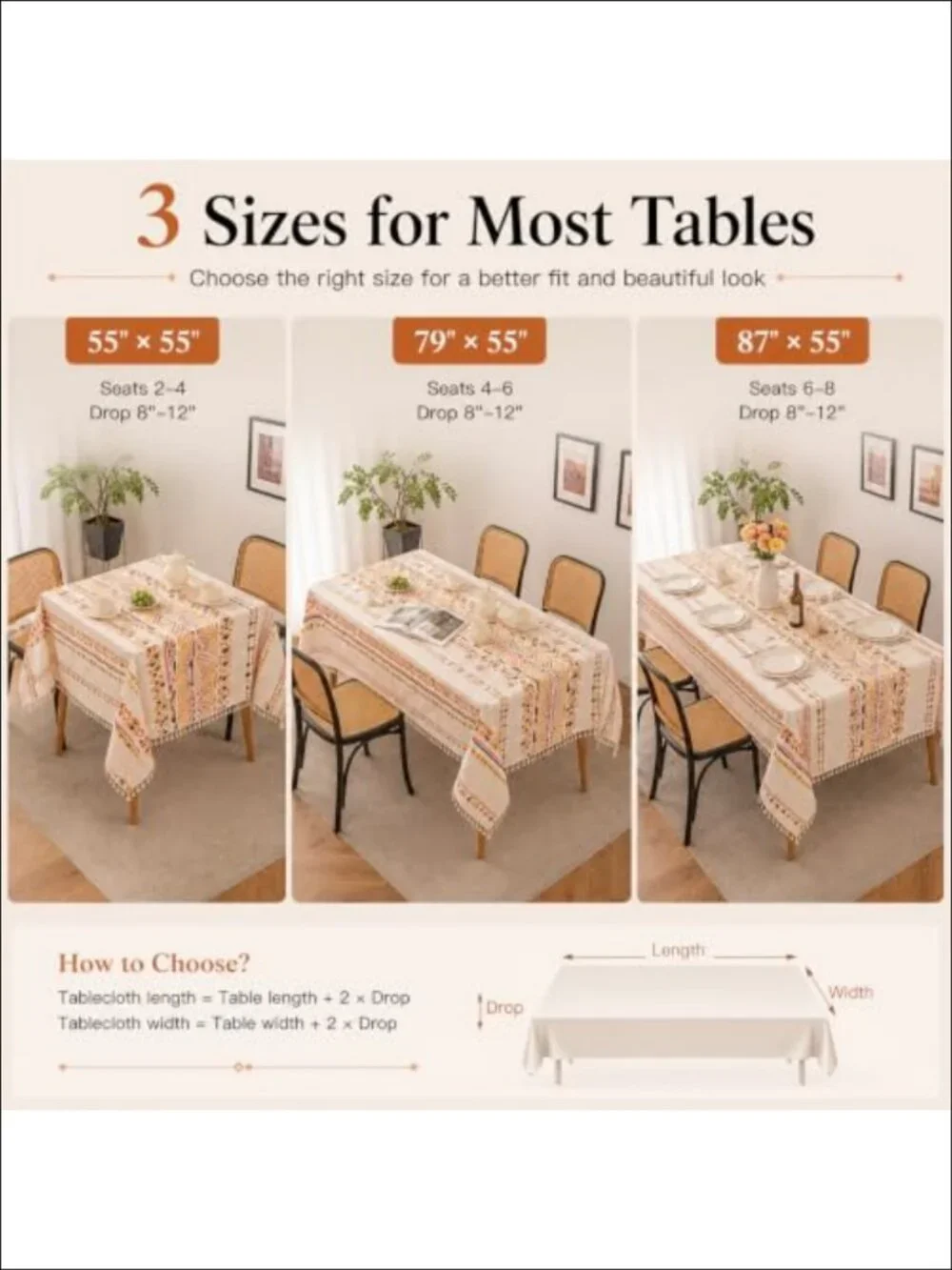 Boho Tablecloth Waterproof Rectangle Cover for 6-8 ft Tables Tassel Trim